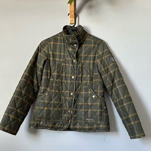 Eddie Bauer jacket. Green and Gold, snap up; quilted light weight, size PS.